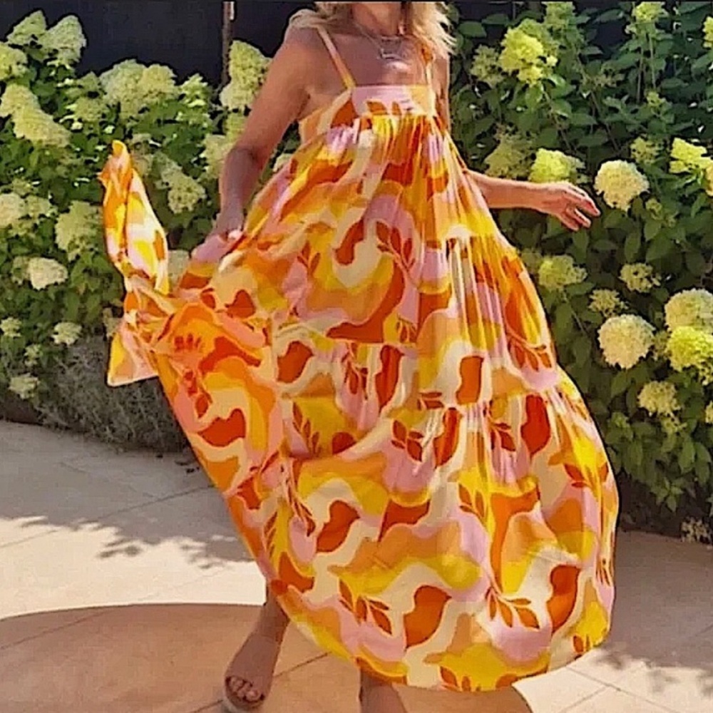 ANTHROPOLOGIE ABEL THE LABEL Sunset Floral Tiered Boho Tropical Maxi Dress Small - Picture 3 of 16